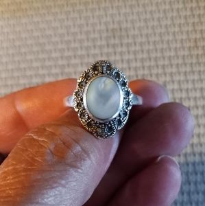 Very Vintage Mother of Pearl Marcasite Ring/8.5